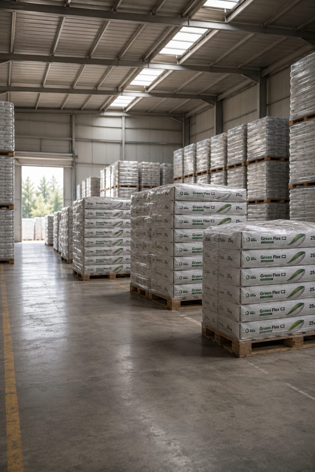 Magazyn wyrobów gotowych — palety worków Green Flex C2 owinięte folią
